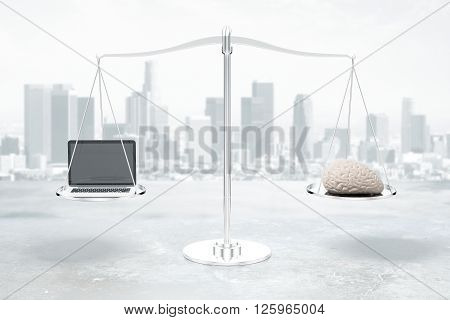 Balance scale with brain and laptop on grey city background. 3D Rendering