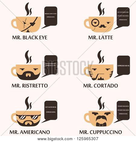 set of coffe cup with human faces - pirate, sailor, steampunk man etc