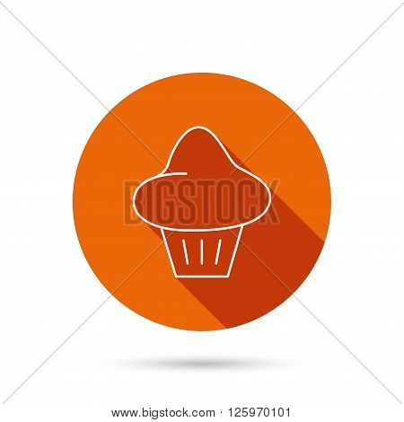 Brioche icon. Bread bun sign. Bakery symbol. Round orange web button with shadow.