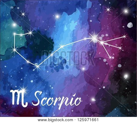 Scorpio horoscope star sign on hand painted watercolor abstract galaxy background. Vector graphic design elements. Purple violet green and blue astrology mystic illustration.