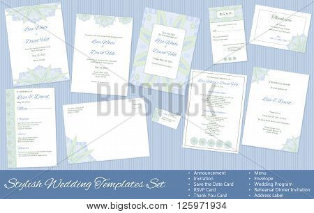 Stylish Wedding vector Templates Set. Announcement. Invitation. Save the Date, RSVP, Thank You Card, Menu, Envelope, Wedding Program, Rehearsal Dinner Invitation, Address Label.