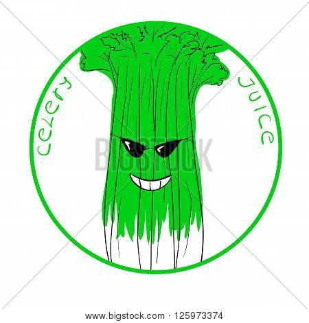 Vector illustration funny celery cartoon character in a round frame with handwritten words Celery Juice against white background