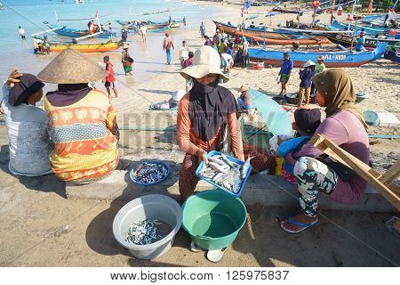 Bali Indonesia Apr 5 2016 : Balinese woman selling fresh fish at Jimbaran village on Apr 5 2016 in Bali Indonesia. Jimbaran village is among famous place to see fisherman life in Bali.