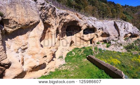 View of the Villaggio Bizantino also called the village in the rock Calascibetta. Sicily