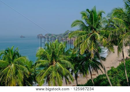 Sea View From Hidden Beach With Palms Near Agonda Beach, Goa State, India