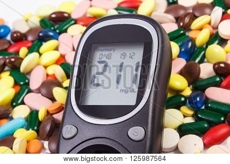 Glucose meter with result of measurement sugar level and heap of medical pills capsules,  health care
