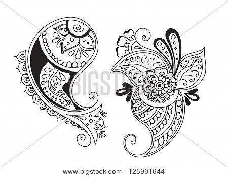 Vector abstract pattern of tattoo henna cucumbers. Stock mehndi illustration for design on white background.