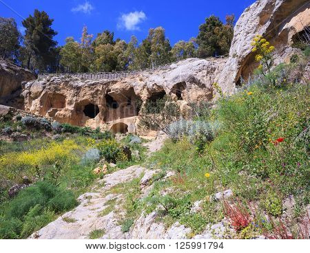 View of the Villaggio Bizantino also called the village in the rock Calascibetta. Sicily