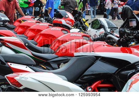 KELANTAN, MALAYSIA -JULY 07, 2012: A number of super bike motorcycle parked in rows in the open area and have been exhibited to the public.