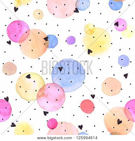 Watercolor texture. Aquarelle circles in pastel colors. Seamless pattern. Watercolor pink blue and yellow spots isolated on white background.