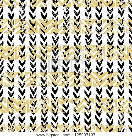 Gold and black abstract grunge vector geometric seamless background print. Stripped shevron pattern for card, cover, invitation, wallpaper, web design, fabric, textile, clothes