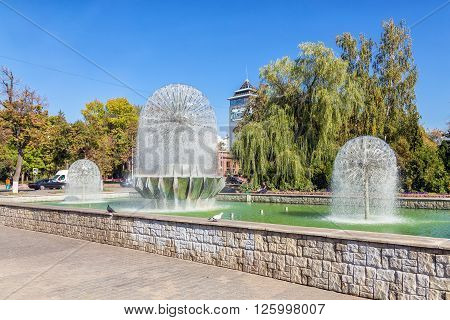 Lipetsk, Russia - September 18, 2014: Beautiful fountains on Lenin Street Lipetsk on a sunny day