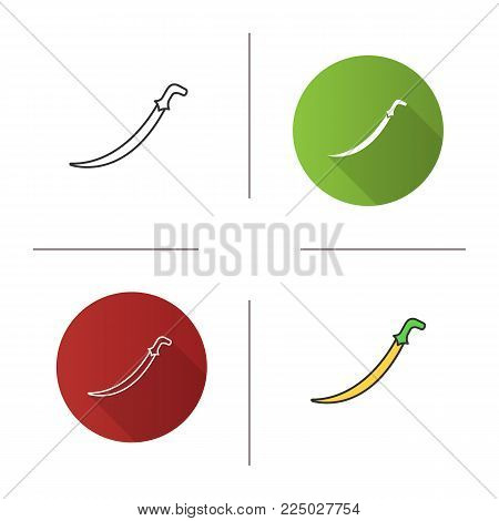 Scimitar sword icon. Flat design, linear and color styles. Sabre. Muslim weapon. Islamic culture. Isolated vector illustrations