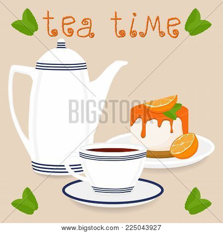 Vector illustration logo for ceramic cup, white teapot, teacup on saucer, orange cheesecake. Teacup pattern of tea brewed in porcelain cups, teapot, cheesecakes. Drink teas in teacups from teapots.