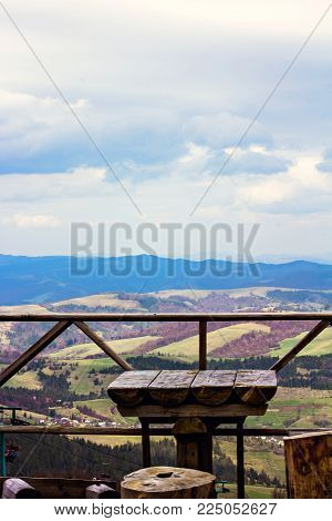 Outdoor Bench In A Nice Mountain Area.   A Place To Relax, A Picnic Place, A Campsite