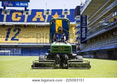 Buenos Aires, Argentina - January 20, 2018: Lawnmower From La Bombonera Stadium In Buenos Aires, Arg