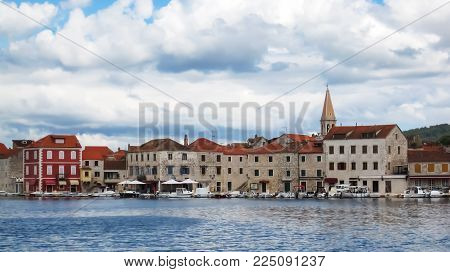 Panoramic view on old city Starigrad mostly made from stone at cloudy day