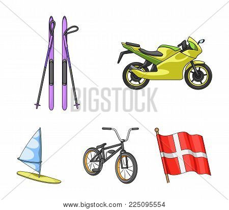 Motorcycle, mountain skiing, biking, surfing with a sail.Extreme sport set collection icons in cartoon style vector symbol stock illustration .