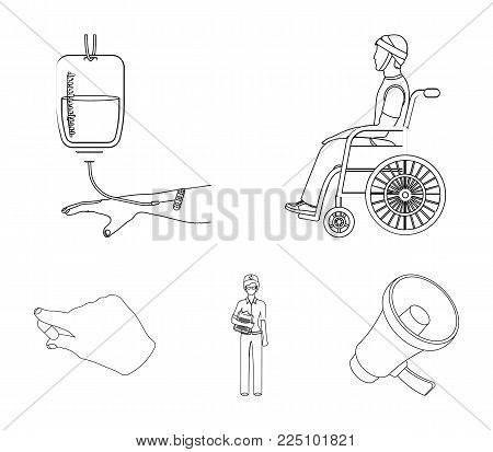 Invalid with trauma, blood transfusion, doctor, medication in the hands of a doctor. Medicineset collection icons in outline style vector symbol stock illustration .