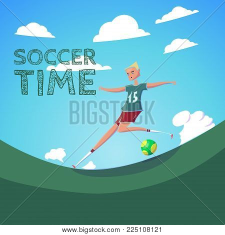 Hand Drawn Cartoon Running Soccer Player with Ball. Vector Illustration