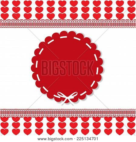 Holiday Template With Round Lacy Sticker, Copy Space And Ribbon On Red And White Hearts Striped Back
