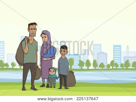 Family homeless or refugees, a man and a woman with children in the big city. Vector illustration with copy space.