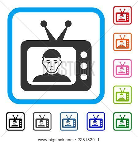 Happy TV Dictor vector pictogram. Person face has gladness feeling. Black, grey, green, blue, red, pink color versions of tv dictor symbol inside a rounded frame. A male person in a cap.