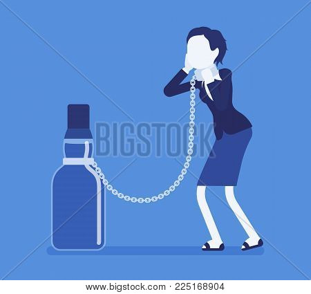 Woman with bottle in alcohol dependency. Young frustrated person with addiction to alcoholic drink, tied to beverage, unhealthy dangerous abuse and habit. Vector illustration with faceless characters