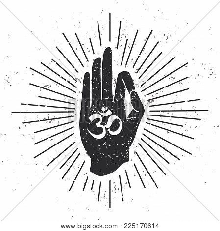 Vector Illustration With Hand In Meditating Pose With Om Symbol Scroll And Sunburst On White Backgro