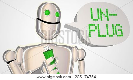 Unplug Robot Take Break Turn Off Electricity 3d Illustration