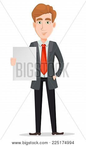 Business man with blond hair, cartoon character. Handsome businessman in suit holding blank placard. Vector illustration isolated on white background.