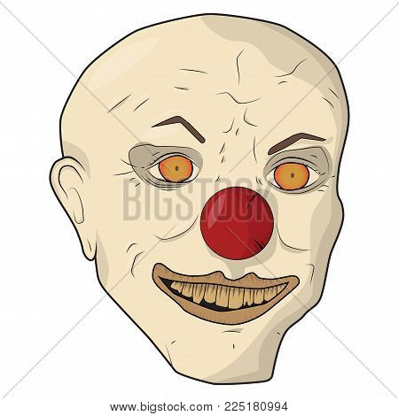 Head scary clown. Vector illustration. The bald man smiles yellow teeth