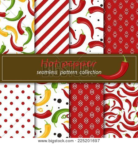 Eight seamless fabrics for forwarding mask. Chili peppers seamless pattern. Beautiful bright red pepper on white background stock vector.