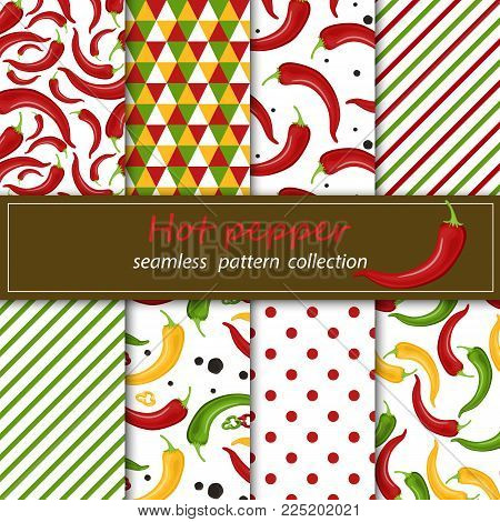Eight seamless fabrics for forwarding mask. Seamless ornament for your kitchen design and interior. Chili peppers seamless pattern. Beautiful bright red pepper on white background stock vector
