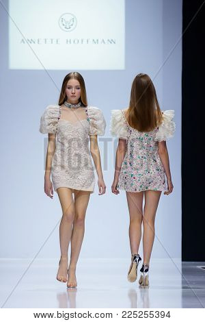 MOSCOW, RUSSIA - MARCH 26, 2017: Model walk runway for ANNETTE HOFFMANN catwalk at Autumn-Winter 2017-2018 Moscow Fashion Week.