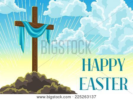 Silhouette of wooden cross with shroud. Happy Easter concept illustration or greeting card. Religious symbol of faith against cloudy sunrise sky.