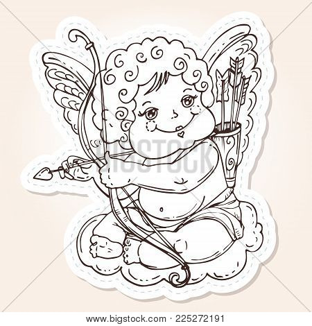 Angel or cupid for holidays Valentine's Day in hand drawn style.The angel sits on a cloud with an arrow and onion in the hands. Vector template for stickers, wedding invitation, card, background.