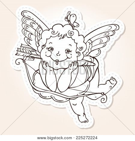 Angel or cupid for holidays Valentine's Day in hand drawn style. Angel with a butterfly on a cloud with arrows and a bow. Vector template for stickers, wedding invitation, card, background.