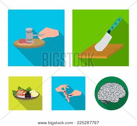Cutlass on a cutting board, hammer for chops, cooking bacon, eating fish and vegetables. Eating and cooking set collection icons in flat style vector symbol stock illustration .
