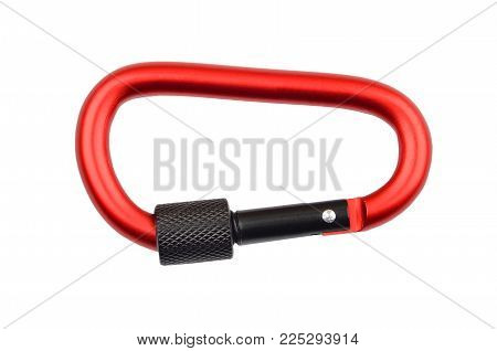 Metal red carabiner, isolated on white background