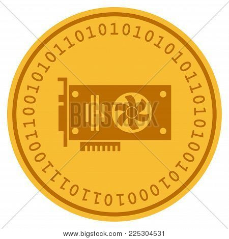 Videocard golden digital coin icon. Vector style is a gold yellow flat coin cryptocurrency symbol.