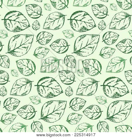 Beautiful hand drawn vintage seamless pattern with outline scratched green leaves on light green background. Romantic retro roses leaf texture for textile, wrapping paper, surface, wallpaper