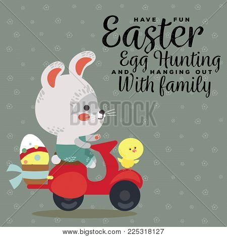 Easter bunny drive motorcycle, decorated eggs hunter hare carries a baskett, cute white rabbit auto driver hunting, isolated illustration.