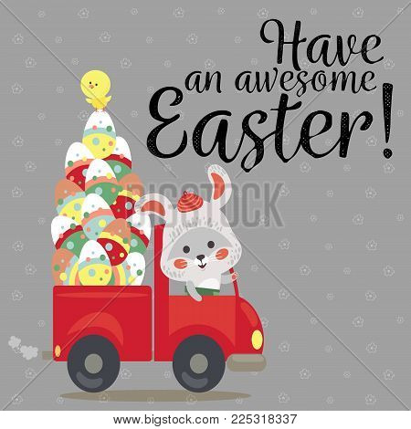 Set of Easter bunny drive car with truck, decorated eggs hunter holding full basket, cute white rabbit auto driver hunting, happy holiday vector greeting card, spring hare isolated illustration.