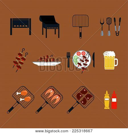 Set Of Colored Icons Barbecue On A Dark Background