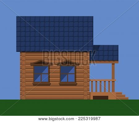wooden country house with porch and blue roof