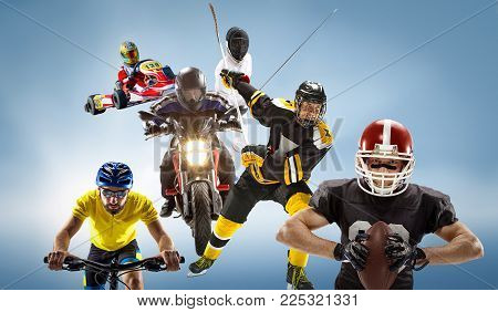 The conceptual multi sports collage with american football, hockey, cyclotourism, fencing, motor sport on blue background. Concept of athletes in helmets and masks