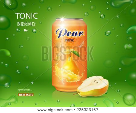Pear juice poster. Pear drink in a can advertising package design