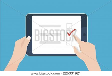Online survey, checklist. Hand holds tablet and finger touch screen. Feedback business concept. Cartoon flat vector illustration isolated on blue. Minimalistic design for web site, mobile app. Flat.