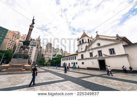 SAO PAULO, BRAZIL - FEBRUARY 02: Horizontal picture in a cold white balance of old square in front of Patio do Colegio Museum, located in central area of Sao Paulo, Brazil.